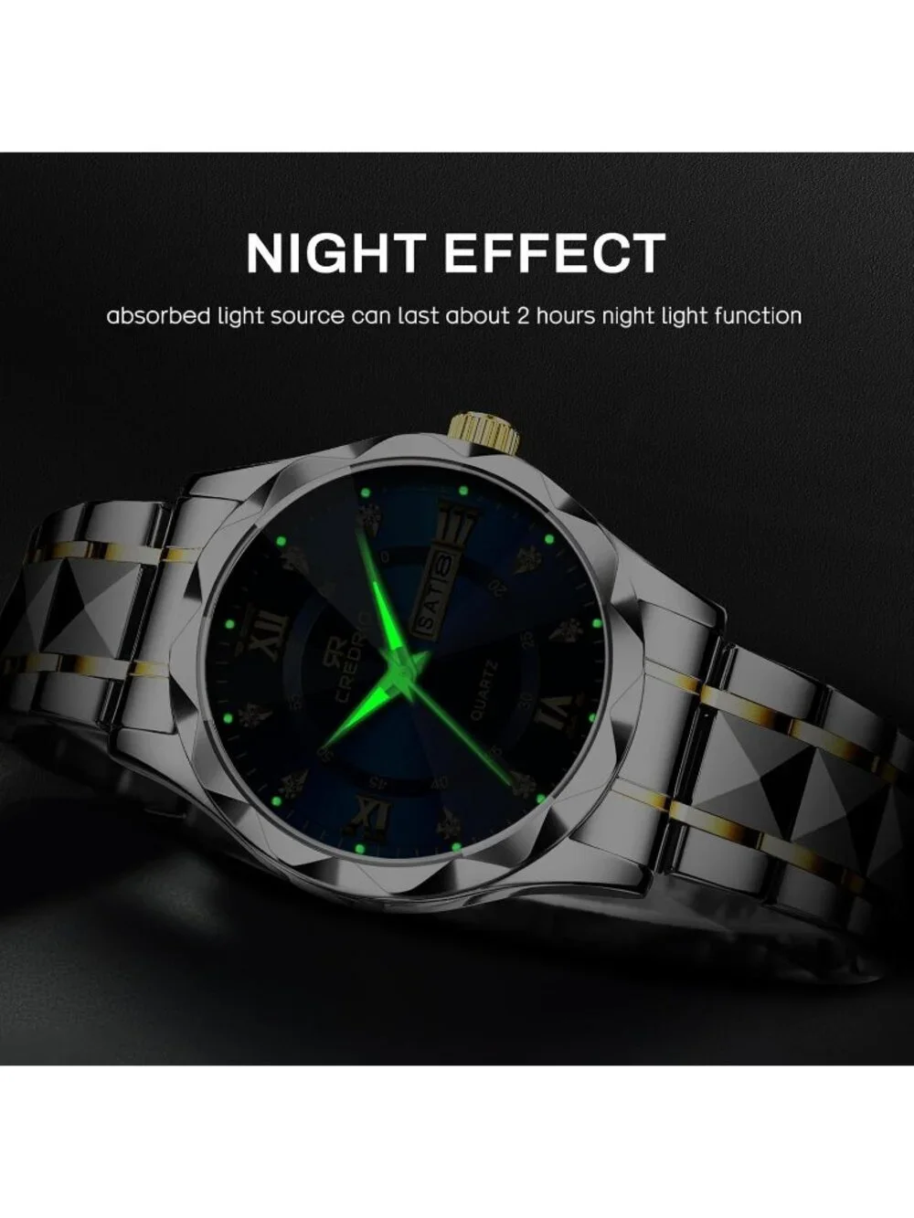 Mens Silver Blue Stainless Steel Waterproof Diamond Analog Luminous Wrist Watch
